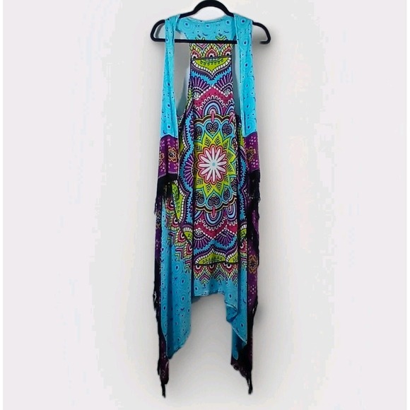 Mandala Kimono Beach Cover-Up Fringe Boho Hippy Multicolor Icy Blue One Size - Picture 13 of 13